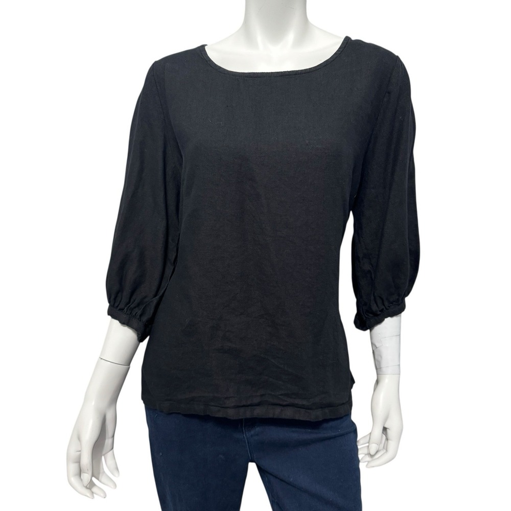 BRYN WALKER Size M Black Puff Sleeve Top 100% Linen Tie Back 3/4 Sleeve Classic